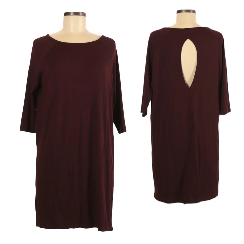 Zara Open Back 3/4 Sleeve Burgundy Knit Casual Shift Dress Size M